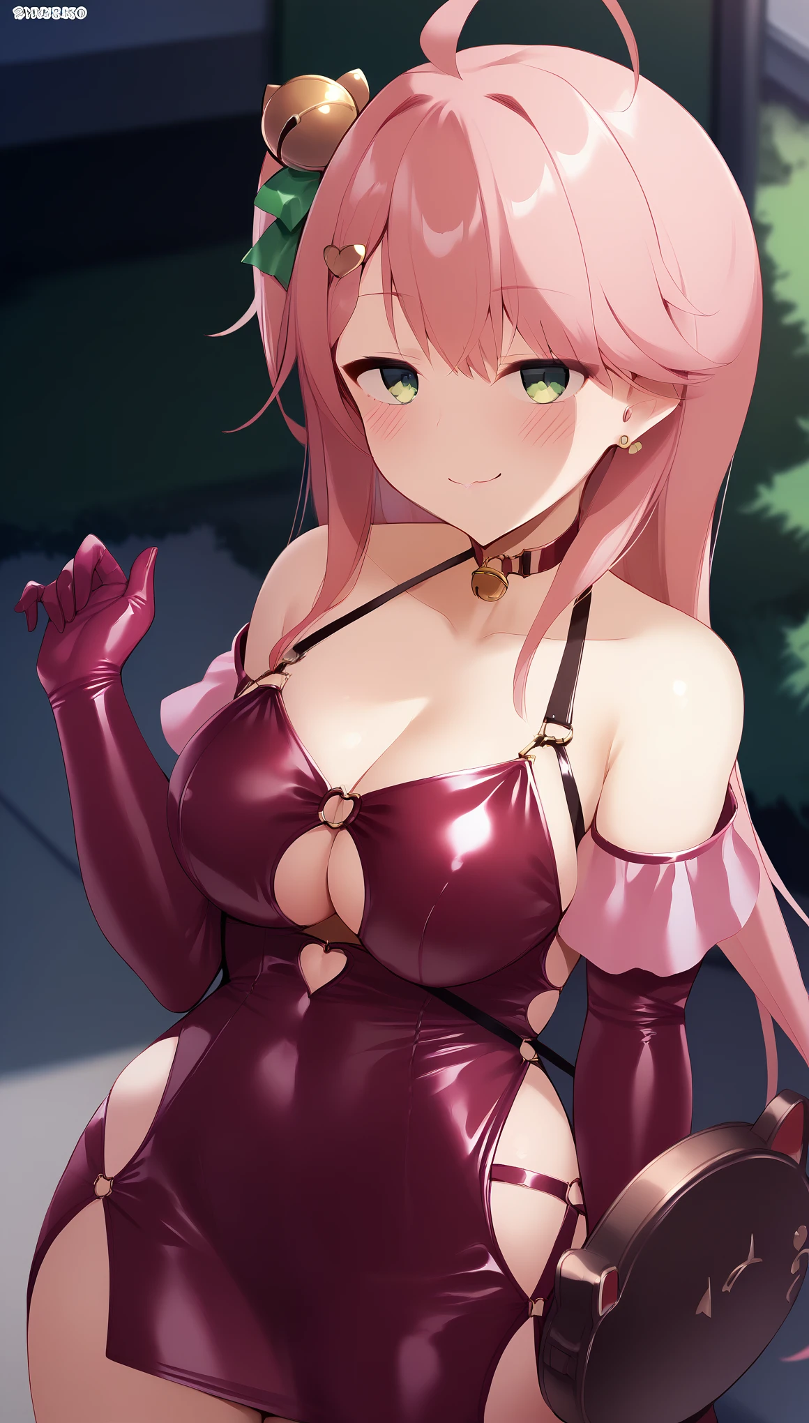 1girl, blush, solo, SakuraMiko, long hair, ahoge, one side up, hair bell, handbag, looking at viewer, outdoors, smirk, pink microdress, bodycon, o-rings, miniskirt, waist cutout, bangs, day, collarbone, earclip, bare shoulders, elbow gloves, cleavage, latex