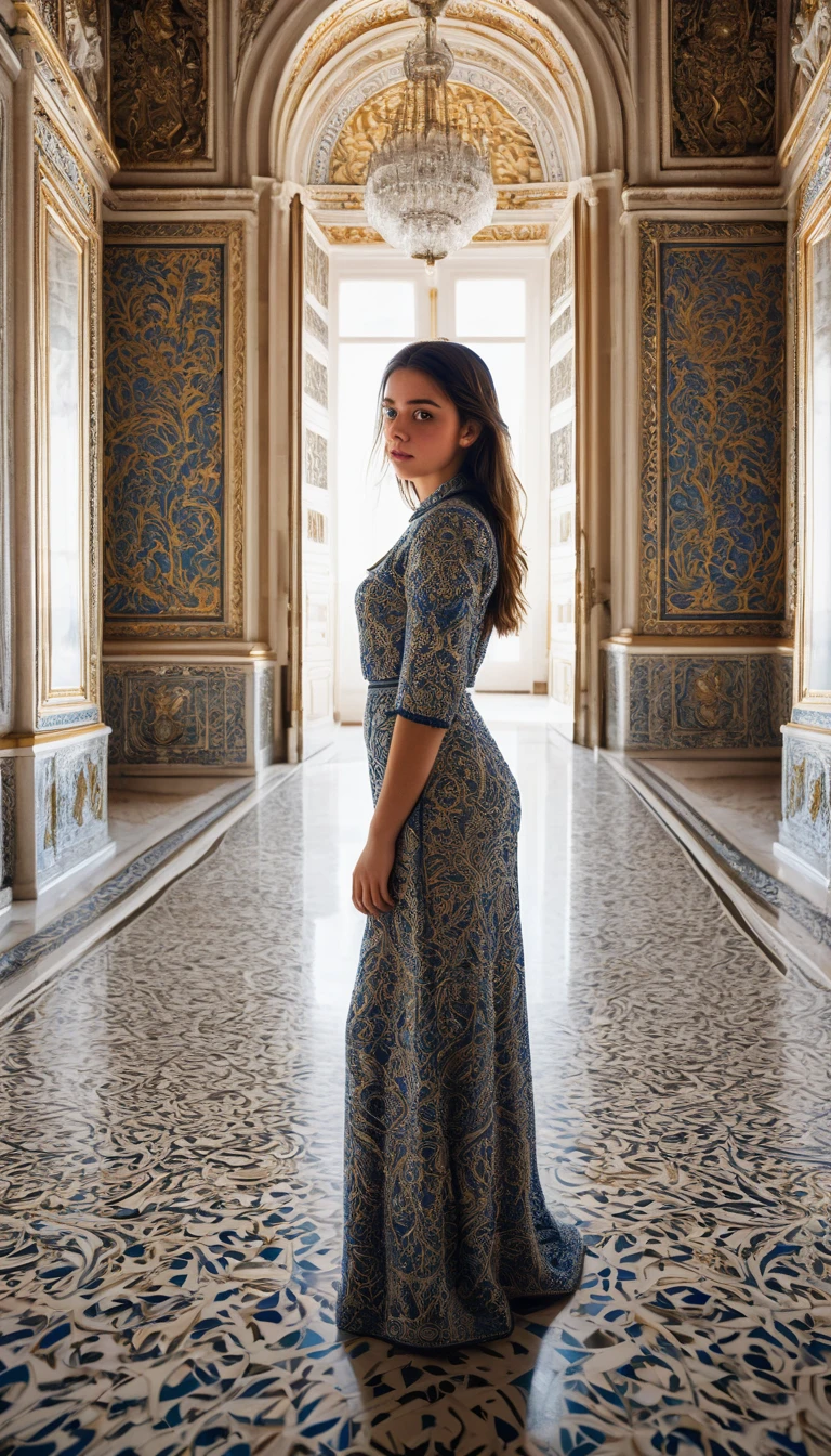 intricate young woman in the royal palace, wide angle lens f/2.8, Insane ultra high resolution intricate textures, texture indentation, perfect perspective, perfect geometry, ultra insane ambient lighting, ultra insane ambient shadows, Luminism, ultra detailed busy background, tessellation, maximalism, perfectionism, Masterpiece awarded by IPA,