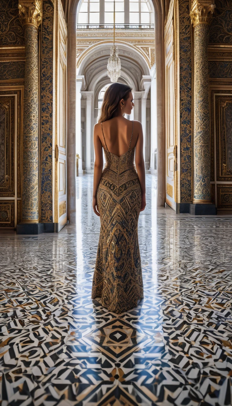 intricate young woman in the royal palace, wide angle lens f/2.8, Insane ultra high resolution intricate textures, texture indentation, perfect perspective, perfect geometry, ultra insane ambient lighting, ultra insane ambient shadows, Luminism, ultra detailed busy background, tessellation, maximalism, perfectionism, Masterpiece awarded by IPA,