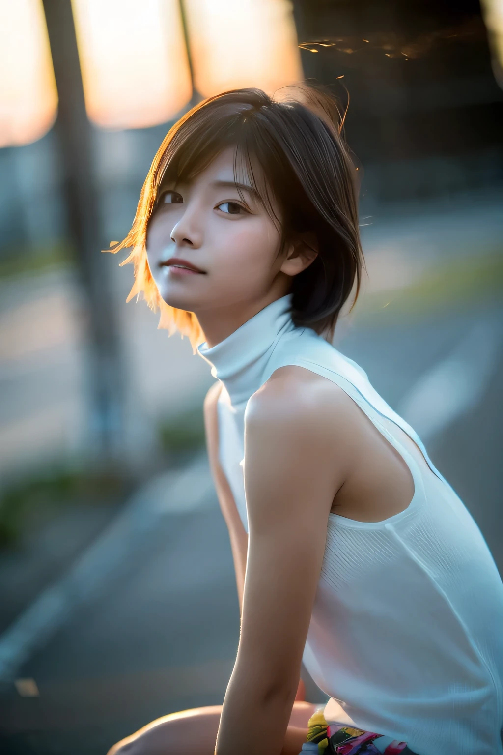 (Hyper Reality: 1.35), (Realistic: 1.4), A beautiful Japanese woman, smile, alone. (((No makeup))), masterpiece, 最high quality, high quality, alone, Very good, puberty, Only one girl, Well-trained slim body, muscular, slim body, breasts apart, (最high quality)),((Very delicate and beautiful)),((Very shallow depth of field)), ((Incredibly shallow depth of field)). family friendly, ((Very delicate and beautiful)), (((Very shallow depth of field))), (((Unbelievably absurd))), dark brown hair, blowing boyish bob hair, shag messy hair, wolf cut, big hair, windで揺れる髪, Slim body type, ((( Camera Eye)))), (((small ))), Looks like a salon model, Cool face, Neutral facial features,(ecstasy:1.3) ,(slut:1.2),(vulgarity:1.3),(fucked silly:1.1),(steam:1.1),(Wet:0.8),(trembling:0.8),(tears:0.7) ,(drooling:0.6),(sweat:0.8),open mouth, poor, my + background, Dynamic Angle, Focus on women, {Particles of light}, Detailed background, Soft lighting, (dramatic), sunset, very beautiful sunset, Live Action, Realistic, (blurred background), ((())), (((wind))), ((Movement)), ((emotion)), ((colorful)), ((Baby Face)), Wither, sea background, high neck, Sleeveless, turtleneck, (((whole body))), (((knees))), walking, half top Compression Shirt,