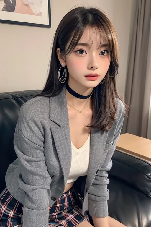 1 girl、 female、cute、Gray-haired、clothing（Cropped blazer、Checked mini skirt） And a very slim figure,,,,,、Very thin leganicules、Earrings、Pink Lip、choker、Real、Sexual、Highest quality、Detailed face、Detailed Background、Depth of written boundary、whole body viewing angle、Get on your knees and sit on the couch、Sexual、alone、night,Highest quality、High resolution、超High resolution（Real：1.4）Detailed eyes、Gradation、Perfect anatomical figure、Woman with perfect body、Highly detailed skin、非常にDetailed face、Beautiful eyes in every detail、Background Blur