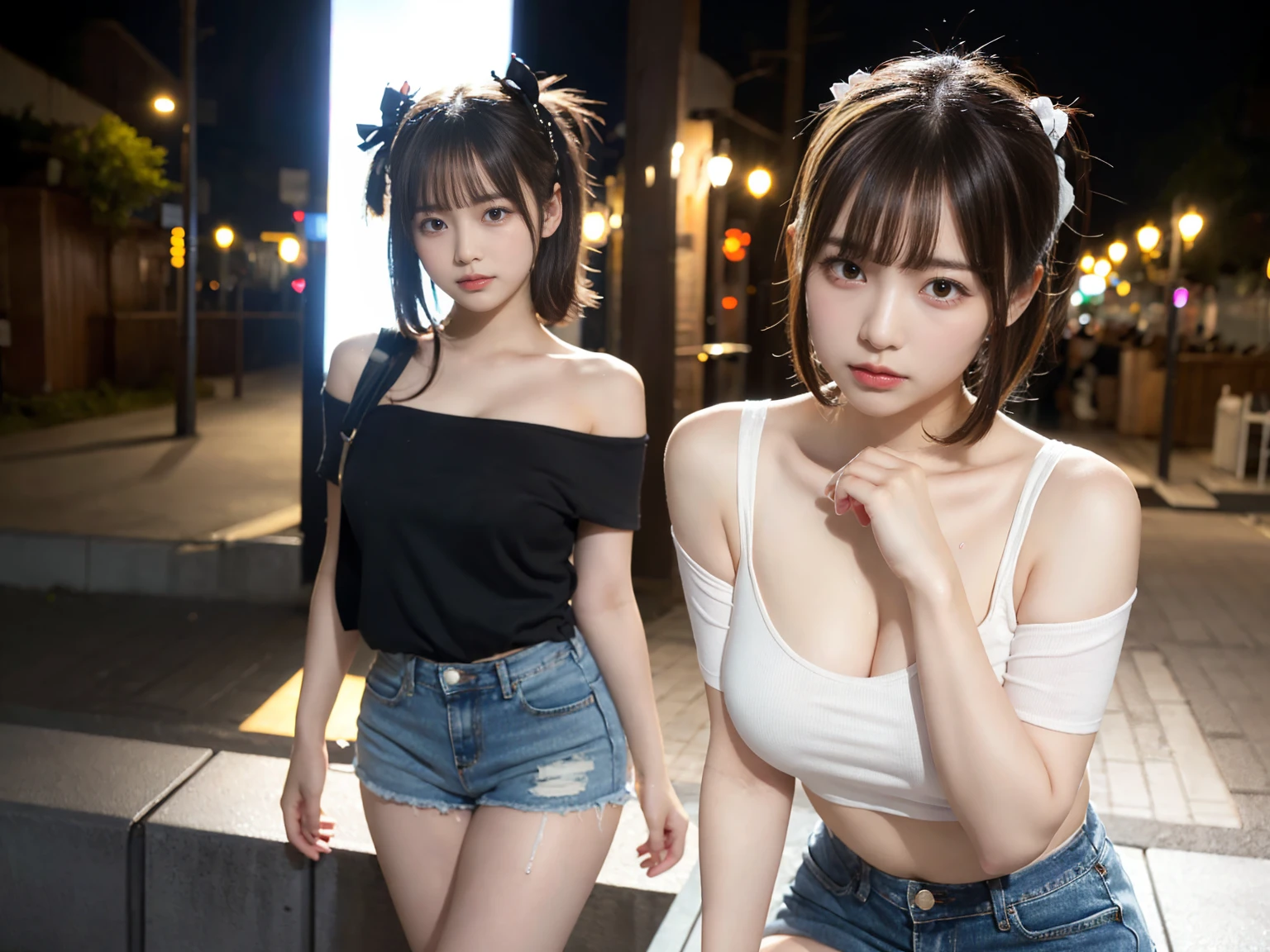 masterpiece, highest quality, figure, Super detailed, small details, High resolution, 8k,wallpaper, Perfect dynamic composition,(Detailed high quality, realistic depiction of eyes:1.3), 2 girls, Off-the-shoulder T-shirt and denim mini shorts, short bob hair, black hair color, big natural color lip, bold sexy pose, (perfect body shape), crying a little、harajuku style、20 year old girl、cute type、ta、beautiful feet, night club, Burning idol pose, plump thighs, after sex,(heart:1.3), Sweat