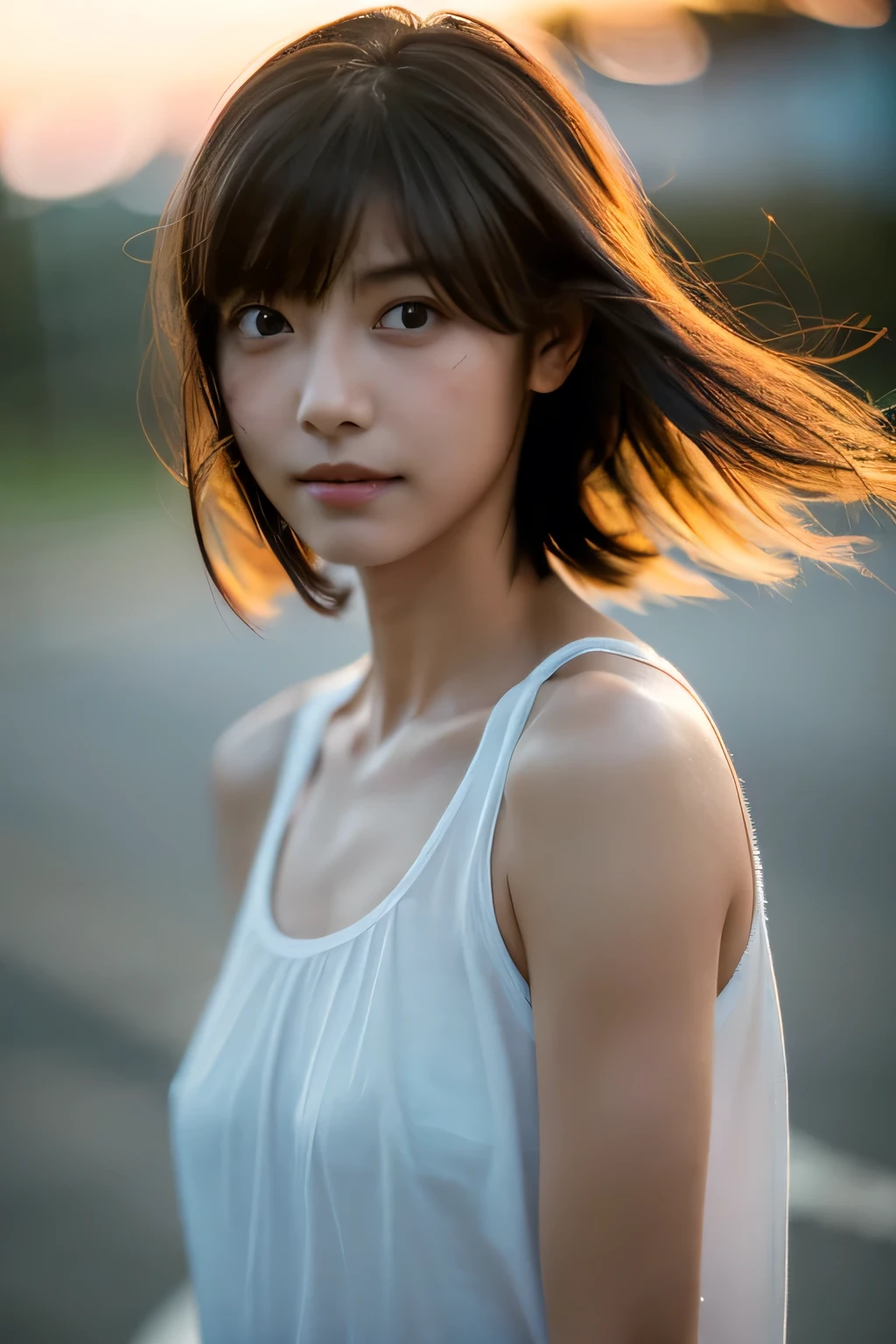 (Hyper Reality: 1.35), (Realistic: 1.4), A beautiful Japanese woman, smile, alone. (((No makeup))), masterpiece, 最high quality, high quality, alone, Very good, puberty, Only one girl, Well-trained slim body, muscular, slim body, breasts apart, (最high quality)),((Very delicate and beautiful)),((Very shallow depth of field)), ((Incredibly shallow depth of field)). family friendly, ((Very delicate and beautiful)), (((Very shallow depth of field))), (((Unbelievably absurd))), dark brown hair, blowing boyish bob hair, shag messy hair, wolf cut, big hair, windで揺れる髪, Slim body type, ((( Camera Eye)))), (((small ))), Looks like a salon model, Cool face, Neutral facial features,(ecstasy:1.3) ,(slut:1.2),(vulgarity:1.3),(fucked silly:1.1),(steam:1.1),(Wet:0.8),(trembling:0.8),(tears:0.7) ,(drooling:0.6),(sweat:0.8),open mouth, poor, my + background, Dynamic Angle, Focus on women, {Particles of light}, Detailed background, Soft lighting, (dramatic), sunset, very beautiful sunset, Live Action, Realistic, (blurred background), (((11 years old))), (((wind))), ((Movement)), ((emotion)), ((colorful)), ((Baby Face)), Wither, sea background, high neck, Sleeveless, turtleneck, (((whole body))), (((knees))), walking, half top Compression Shirt,