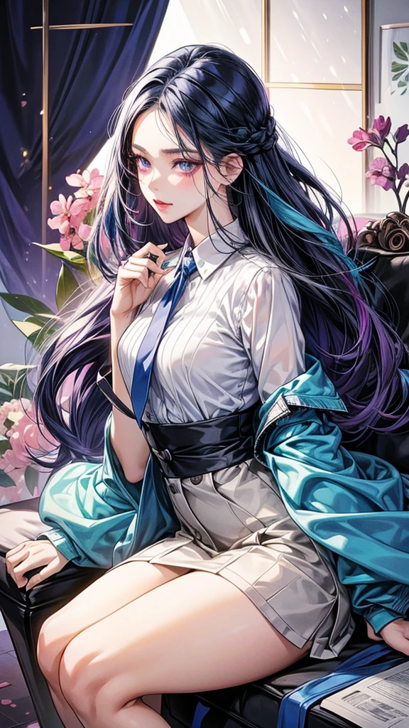 One beautiful office woman,office background
Very long hairstyle 、dark blue hair , purple eyes, beautiful eyes, detailed eyes ,
Two-tone hair colors,small face、anime makeup、"A girl with a cute and androgynous face"、white skin、cute eyes、thin eyebrows、tall、stylish black luxury fashion、stylish outfits 、、25 years old、British girl、Has a languid look、anger、Lower the corners of your mouth with no expression on your face、Photographed from the side diagonally、model photoshoot、masterpiece、highest quality、high resolution、office、glaring expression、korean makeup 、Cool photos、Various poses、rich, Shy woman, bossy , an expression of embarrassment, blushes on the faces, plump body, mature woman