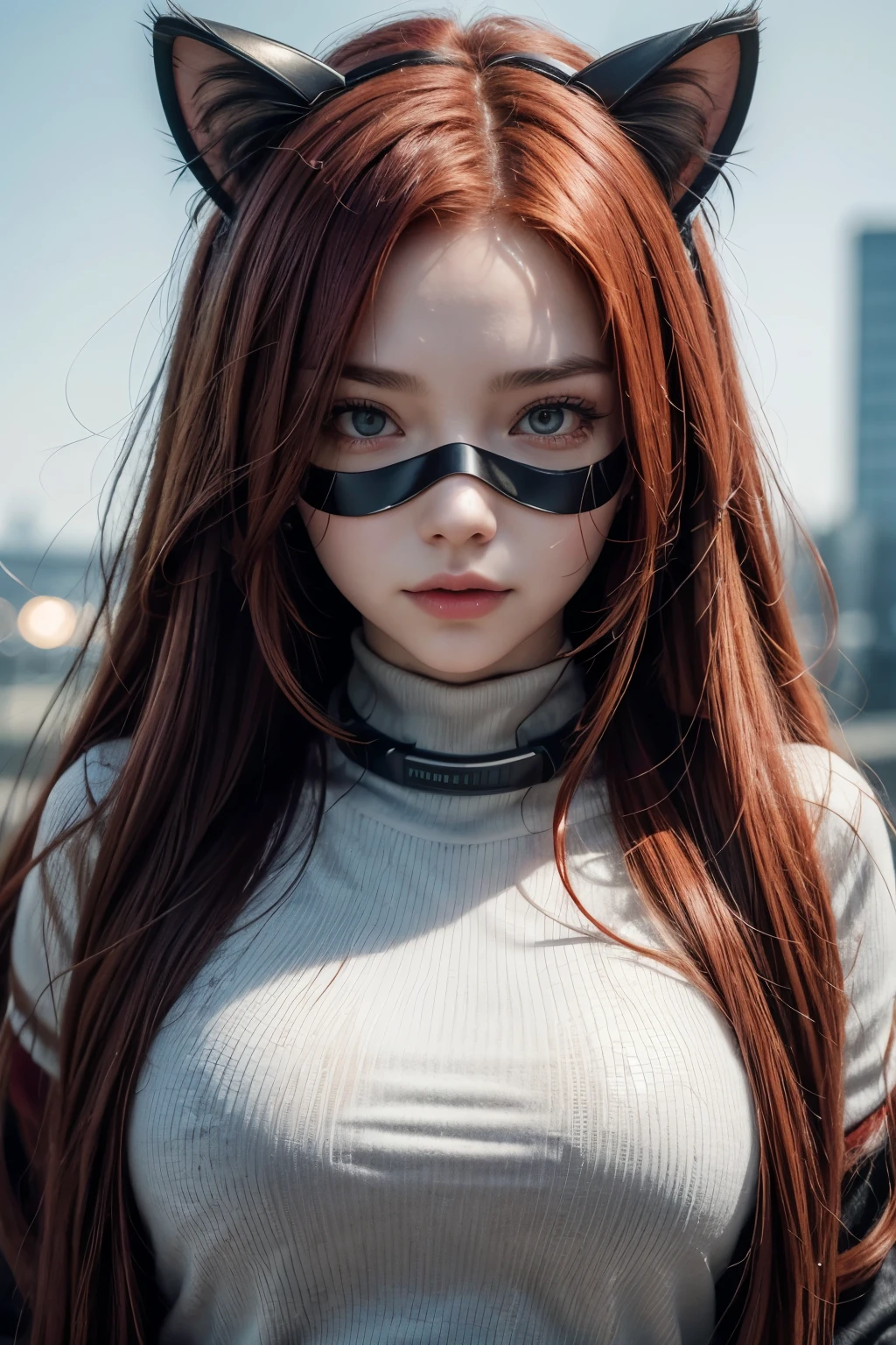 girl with long red hair, red eyes, futuristic vibes, mask on mouth, headphones, 8k, high quality, simple background, glowing eyes, nice pose and cat ears