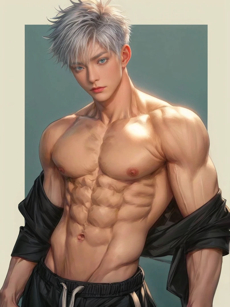 1 male, high resolution 8k, adult, handsome, perfect face detail, detailed eyes and face, clean shaved, sixpack realistic, white eyebrow hair, white eyelashes, dynamic lighting, unreal engine, hd picture, satoru gojo, Jujutsu kaisen, white hair, short hair ,hair between eyes ,blue eyes, white skin,