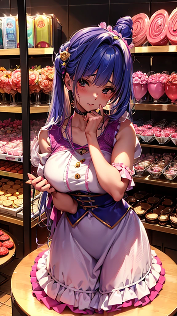 cute girl, 18 years old, she is a member of magic circus, she likes sweet stuff, her magic is creation, she can create anything adorable, cute, sweets, like doll or cake or lollipop, she sells lollipops at the circus, very cute, standing, curve figure, lustful, character sheet, big breast