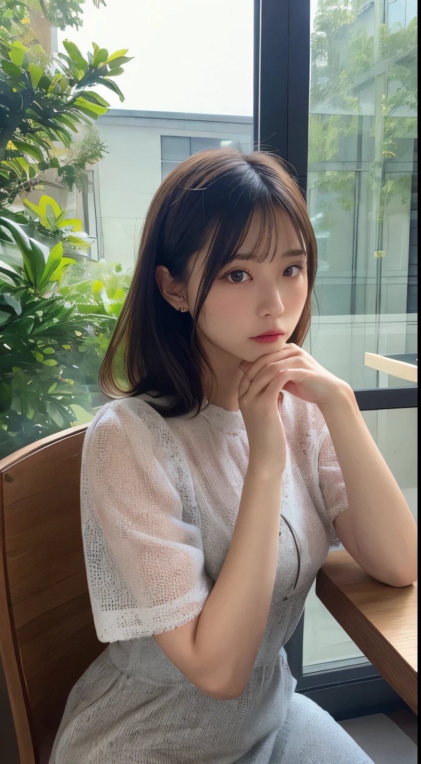 masutepiece, Best Quality, Illustration, Ultra-detailed, finely detail, hight resolution, 8K Wallpaper, Perfect dynamic composition, Beautiful detailed eyes, summer  dress,Medium Hair, mid-chest, Sitting in a coffee shop、Pensive
、目を閉じている、うつむいた顔、