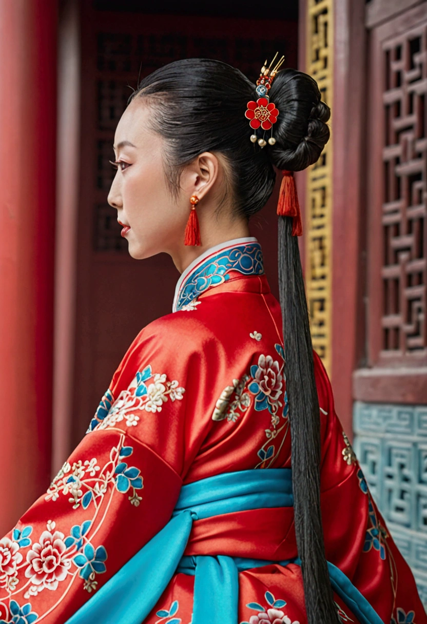 A close-up side view of the buttocks of a Chinese empress. In the background, she is lying down in a Chinese palace during the Qing dynasty, wearing red Hanfu and exposing only her large buttocks.　　　She&#39;s wearing underwear, but her protruding butt is floating up.　　　　　　　　　　　　　　　　　　　　　　　　　　　　　　
Her hair is decorated with a large, flashy flower.　
The back of the hair is tied up and up.