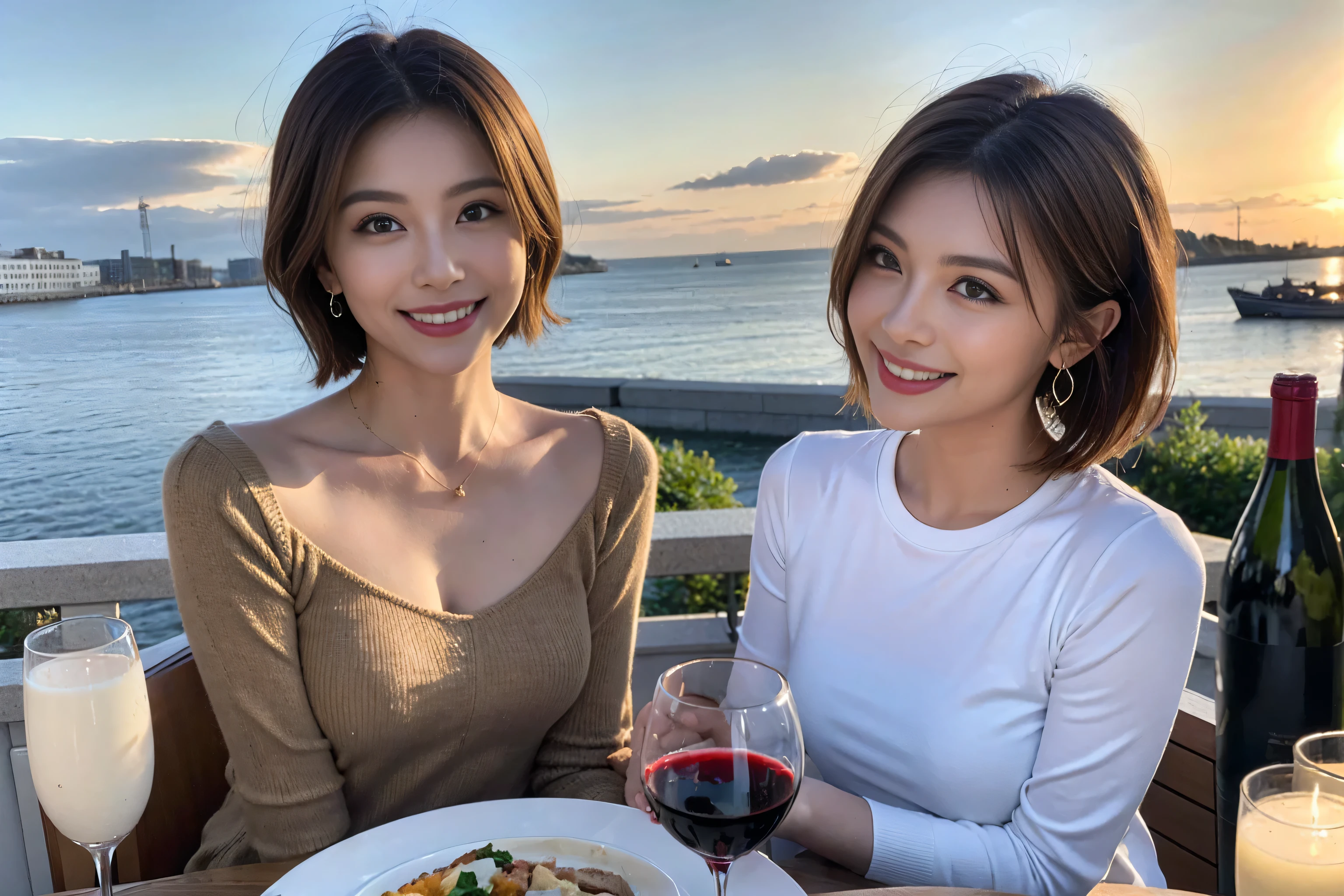 （Realistic:1.1）,(masterpiece,Highest quality)，8k,(49 years old), 53 years old, ベリーslimボディ、slimカップル、Tight waist,Upper Body,full-course dinner、wine 、Amazing view of the sunset sky and clouds、Perfect Anatomy, Brown Hair, short hair,Random Hairstyles,((Highly detailed face and eyes:1.2))，Perfect golden ratio face，Long sleeve shirt、dress,(smile:1.2)、Shortcuts、cute、(Realistic, Intricate details:1.2), A bright smile、short hair,Bright Face、赤wine 、Appetizers、Italian food、wine bottle、Champagne、スパークリングwine、(slimな顔), (The body is slim), (Brown Hair), (Shortcuts),  Upper Body, 白wine, slim, wineグラス, 