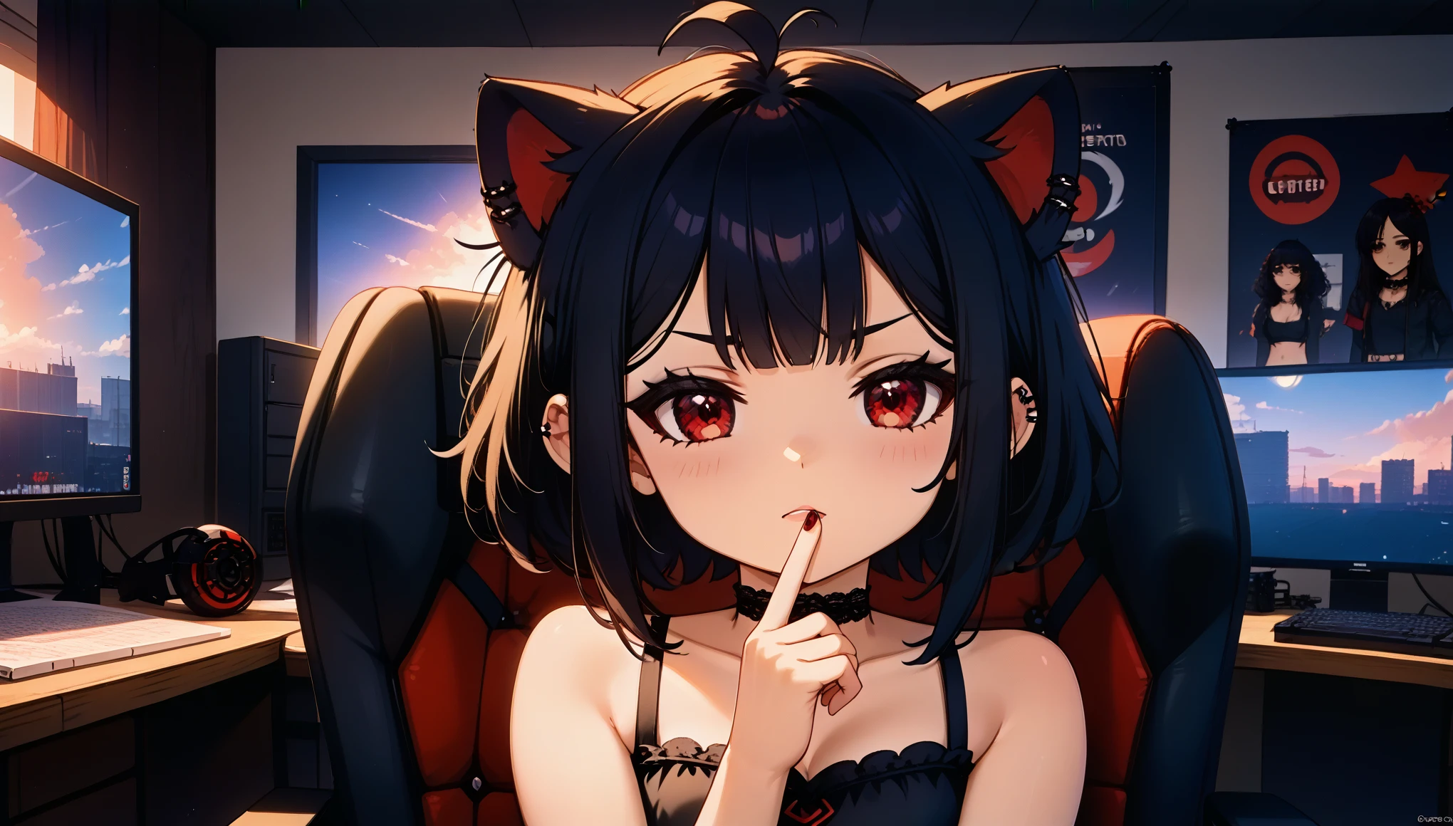 ((junkotvvxl, cabello negro, ojos rojos, orejas de gato, Adult, Female, Black hair, red eyes)), goth girl, gothic aesthetic, goth clothing, goth make up, thick thighs, medium chest, annoyed, disgruntled, sitting in gaming chair, gt racing chair, bedroom, gothic bedroom, aesthetic bedroom, Masterpiece, Accurate, Anatomically Correct, Best Quality, High Details, Detail, Super Detailed, Best detail, Perfect detail, Amazing detail, [-3, 3], perfect hands, best hands, best fingers, perfect fingers, perfect body, best body, amazing body, Looking at viewer, front facing, upper body shot, orejas de gato,(((neko ears))), (chica neko), cute neko ears, messy hair,(flequillo), (coletas), (cabello largo),(((orejas de gato)))