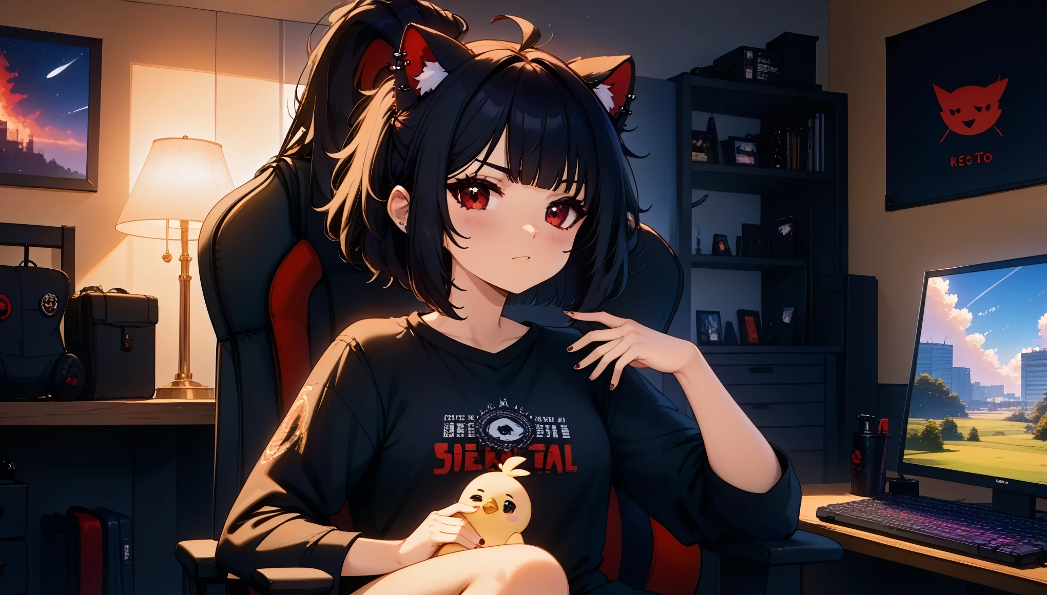 ((junkotvvxl, cabello negro, ojos rojos, orejas de gato, Adult, Female, Black hair, red eyes)), goth girl, gothic aesthetic, goth clothing, goth make up, thick thighs, medium chest, annoyed, disgruntled, sitting in gaming chair, gt racing chair, bedroom, gothic bedroom, aesthetic bedroom, Masterpiece, Accurate, Anatomically Correct, Best Quality, High Details, Detail, Super Detailed, Best detail, Perfect detail, Amazing detail, [-3, 3], perfect hands, best hands, best fingers, perfect fingers, perfect body, best body, amazing body, Looking at viewer, front facing, upper body shot, orejas de gato,(((neko ears))), (chica neko), cute neko ears, messy hair,(flequillo), (coletas), (cabello largo),(((orejas de gato)))