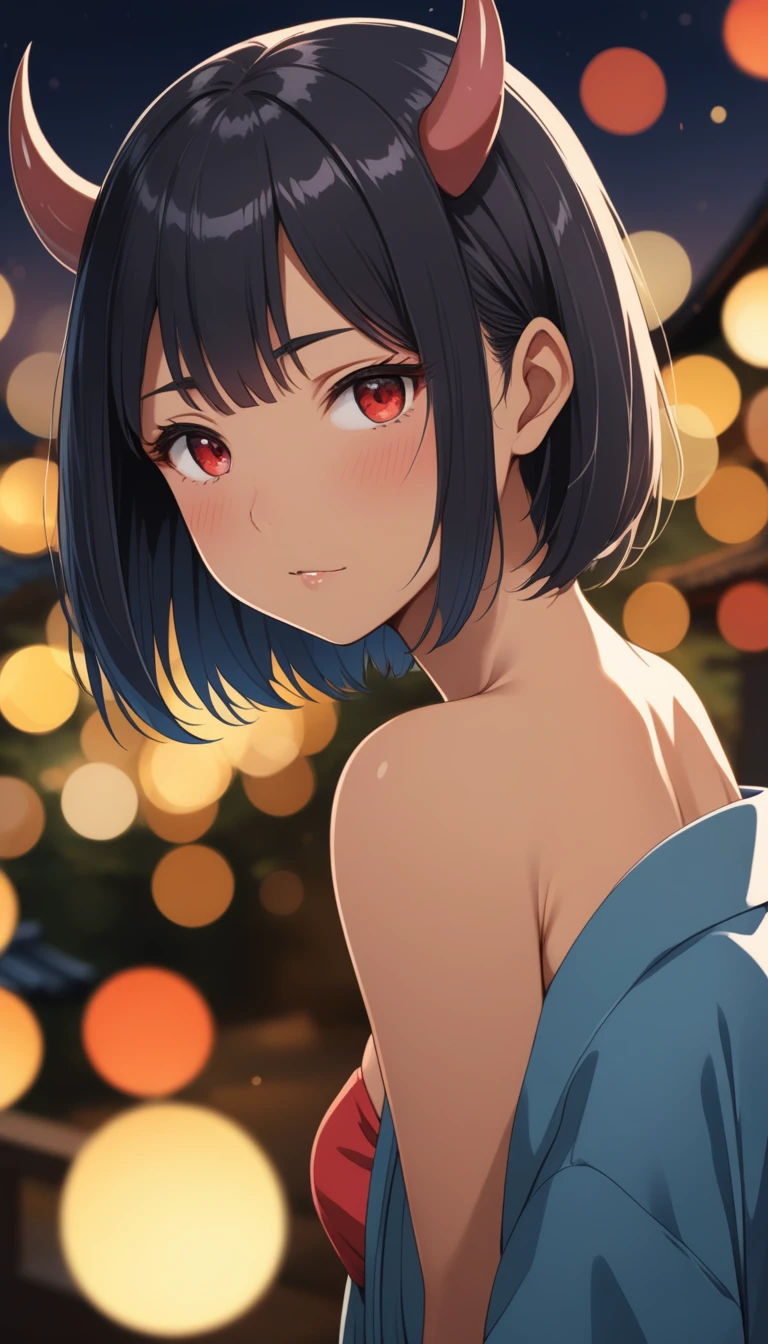 8K, RAW, best quality, masterpiece, ultra high res, colorful, (medium wide shot), (dynamic perspective), sharp focus , (depth of field, bokeh:1.3), extremely detailed eyes and face, beautiful detailed eyes, black gold, ((masterpiece, best quality)), Makoto shinkai, looking at viewer,
(1girl, Japanese, Oni, horns, Oni red tanned skin, tail, bobcut haircut, black hair, grey eyes, (Kimono, Haori), ((shy face))
action pose, forest background, dark forest, night time, 