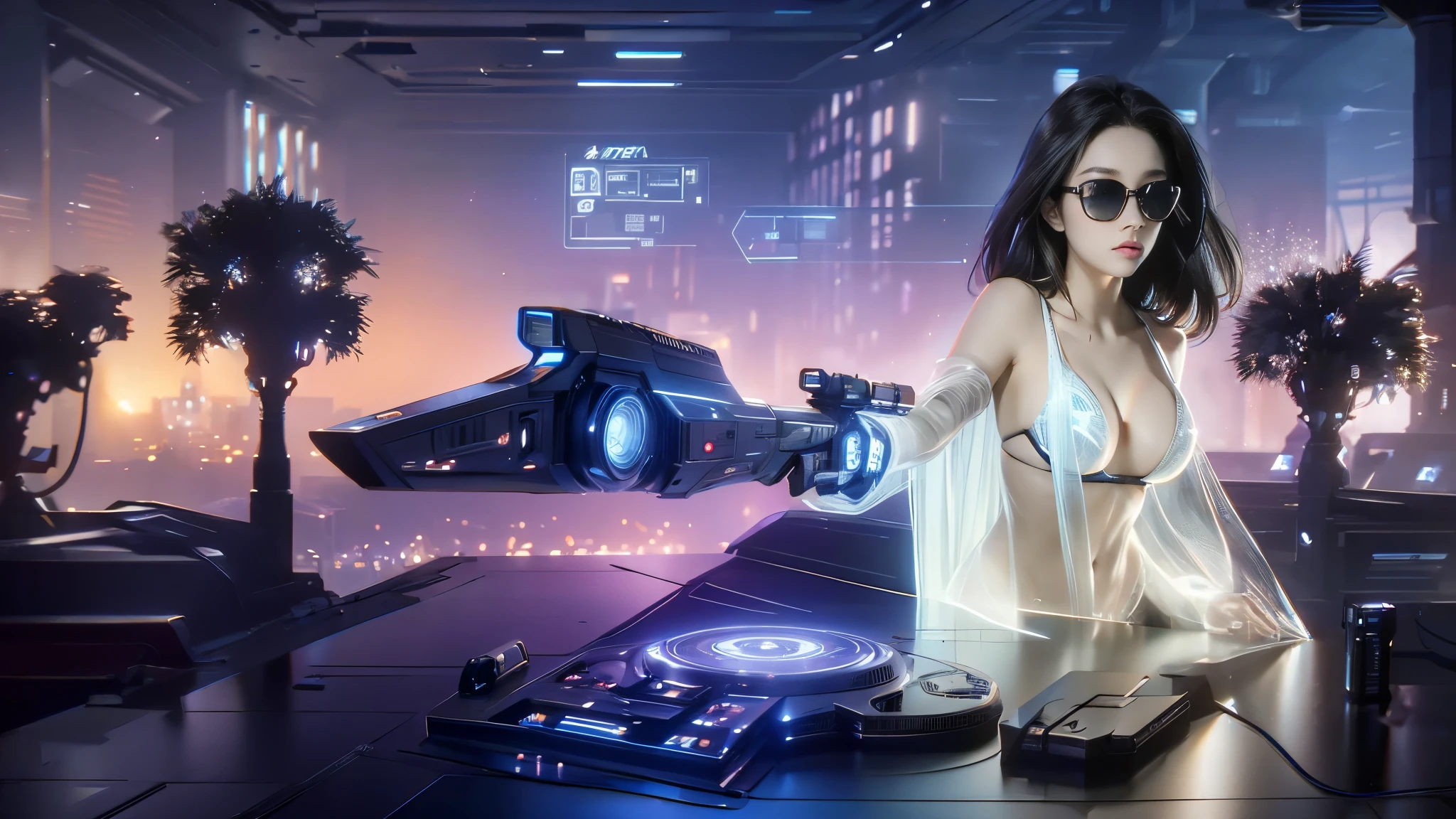 DonMH010D15pl4y, cyberpunk city street. (((1girl, solo, alone))), blue holographic portrait, large-breast:1.2 slim:0.6 body, slim face, cleavage:1.1, sexy jacket, (black sunglasses), (((holding a pistol))), dynamic pose, ((half-body thigh:1.1 level medium shot)), mysterious fog, cinematic lighting, ray tracing.