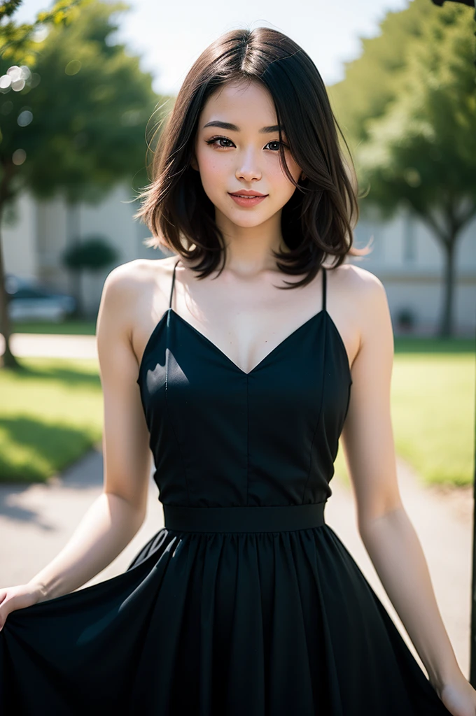 (1girl, upper body, smile, narrow waist, charming, black dress, longdress, hair over one eye, black hair, sunlight, lips,), slim, (best quality, highres, photorealistic, raw, 8k,masterpiece, ),(black hair:1), best quality, masterpiec8K.HDR. highresabsurdres:1.2, Kodak portra 400, film grain, blurrybokeh:1.2, lens flare, (vibrant color:1.2),1girl, red dress, looking at viewer , ultrarealista, 8k, , european, 