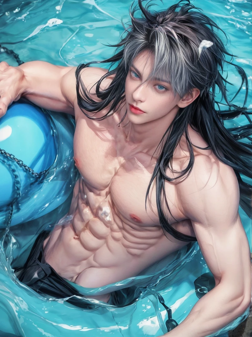 1 male, high resolution 8k, adult, handsome, perfect face detail, detailed eyes and face, clean shaved, sixpack realistic, white eyebrow hair, white eyelashes, dynamic lighting, unreal engine, hd picture, satoru gojo, Jujutsu kaisen, white hair, short hair ,hair between eyes ,blue eyes, white skin, round buoy, water details, chain necklace