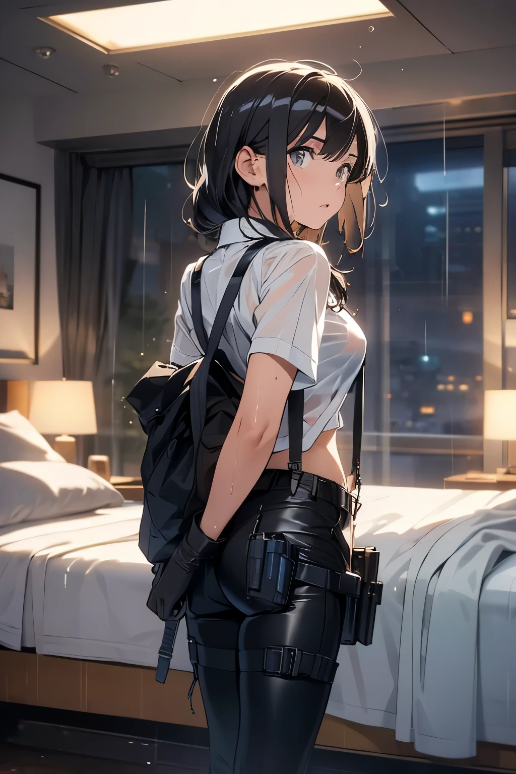 1 female, , high quality, masterpiece, Ultra-high resolution, , Cinema Lighting, , , And the suspenders with the cranes flying Large Breasts Small face holster Lying in bed Looking up Sweat belt summer 脇Sweat Black Hole Gloves suit shirt Black jacket Black trousers Leg Links ズボンにbelt holster Hands behind your back Anxious expression Looking up Anxious face, legs apart Armament Cable ties レッグholster holster See-through clothing heavy rain Getting wet in the rain