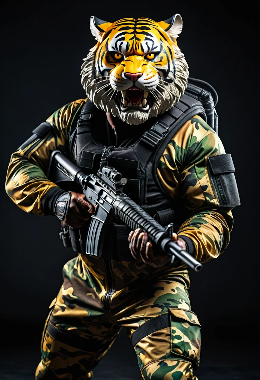 (a dark-skinned bearded fat muscular old man in a bulky army camouflage zipper diver suit) holding a gun, (wearing a small-sized realistic roaring tiger mask), dynamic action pose, fierce expression, showcasing an imposing stature, surrounded by military elements, dramatic shadows and intense highlights, cinematic color tones, high detail, powerful, art influenced by Bruce Onobrakpeya and Stanley Artgerm, ultra-detailed, best quality image, action-packed atmosphere.