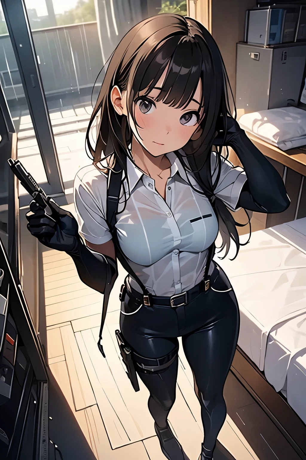 1 female, , high quality, masterpiece, Ultra-high resolution, , Cinema Lighting, , , And the suspenders with the cranes flying Large Breasts Small face holster Lying in bed Looking up Sweat belt summer 脇Sweat Black Hole Gloves suit shirt Black jacket Black trousers Leg Links ズボンにbelt holster Hands behind your back Anxious expression Looking up Anxious face, legs apart Armament Cable ties レッグholster holster See-through clothing heavy rain Getting wet in the rain