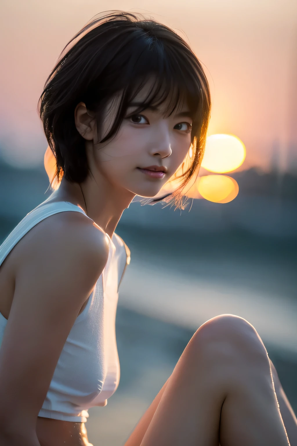 (Hyper Reality: 1.35), (Realistic: 1.4), A beautiful Japanese woman, smile, alone. (((No makeup))), masterpiece, 最high quality, high quality, alone, Very good, puberty, Only one girl, Well-trained slim body, muscular, slim body, breasts apart, (最high quality)),((Very delicate and beautiful)),((Very shallow depth of field)), ((Incredibly shallow depth of field)). family friendly, ((Very delicate and beautiful)), (((Very shallow depth of field))), (((Unbelievably absurd))), dark brown hair, blowing boyish bob hair, shag messy hair, wolf cut, big hair, windで揺れる髪, Slim body type, ((( Camera Eye)))), (((small ))), Looks like a salon model, Cool face, Neutral facial features,(ecstasy:1.3) ,(slut:1.2),(vulgarity:1.3),(fucked silly:1.1),(steam:1.1),(Wet:0.8),(trembling:0.8),(tears:0.7) ,(drooling:0.6),(sweat:0.8),open mouth,  poor, my + background, Dynamic Angle, Focus on women, {Particles of light}, Detailed background, Soft lighting, (dramatic), sunset, very beautiful sunset, Live Action, Realistic, (blurred background), (((11 years old))), (((wind))), ((Movement)), ((emotion)), ((colorful)), ((Baby Face)), Wither, sea background, high neck, Sleeveless, turtleneck, (((whole body))), (((knees))), walking, Bikini,