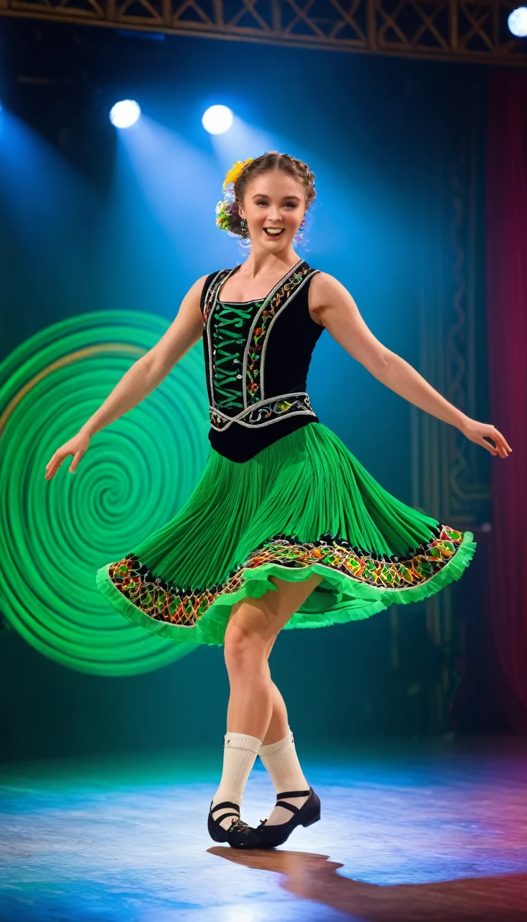 Full body shot, a lively irish dancer performing an energetic traditional irish dance routine, highly detailed, intricate footwork, dynamic movement, colorful traditional irish costume, flowing dress, tapping feet, vibrant facial expressions, swirling hair, stage lights, blurred motion background, (best quality,8k,highres,masterpiece:1.2),ultra-detailed,(realistic,photorealistic,photo-realistic:1.37),vibrant colors,dramatic lighting,cinematic composition