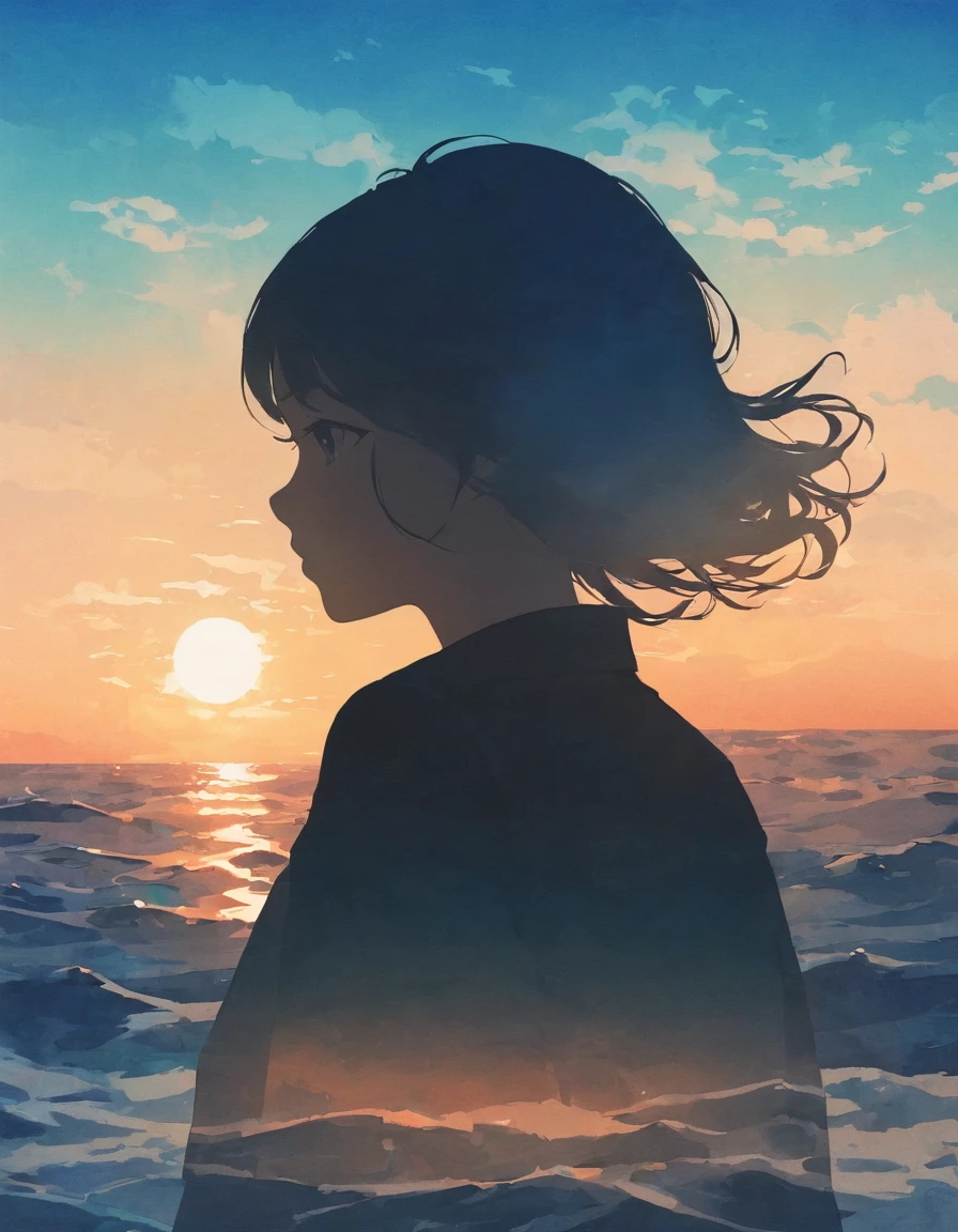 Silhouette of a girl,Ocean、大Ocean原、close, Double Exposure, The background is a gradation、