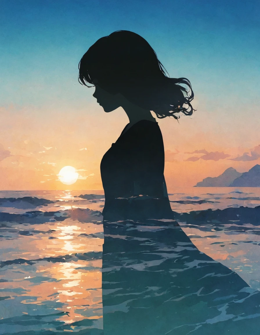 Silhouette of a girl,Ocean、大Ocean原、close, Double Exposure, The background is a gradation、