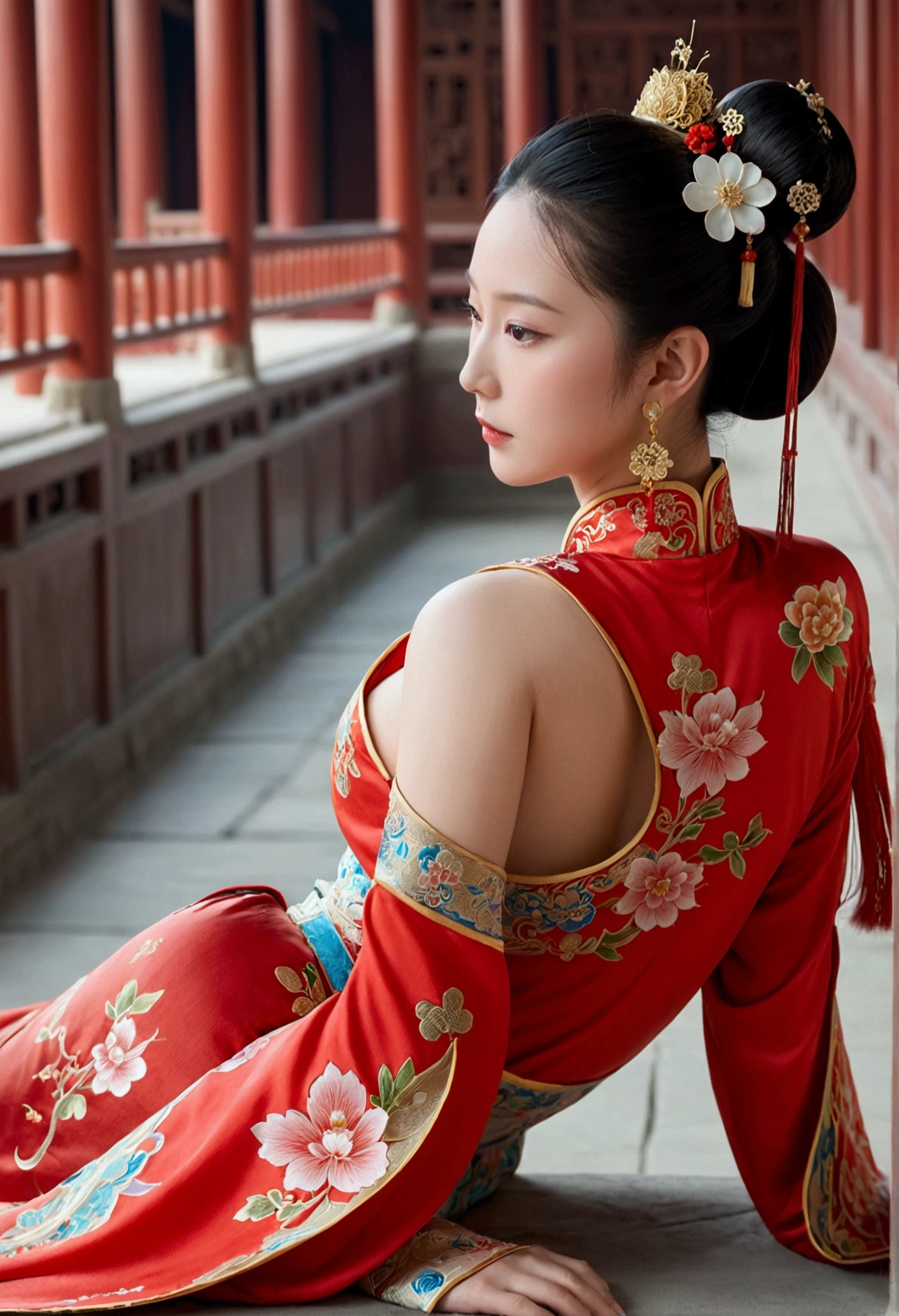 A close-up side view of the buttocks of a Chinese empress. In the background, she is lying down in a Chinese palace during the Qing dynasty, wearing red Hanfu and exposing only her large buttocks. She's wearing underwear, but her protruding butt is floating up.
Her hair is decorated with a large, flashy flower.
The back of the hair is tied up and up.