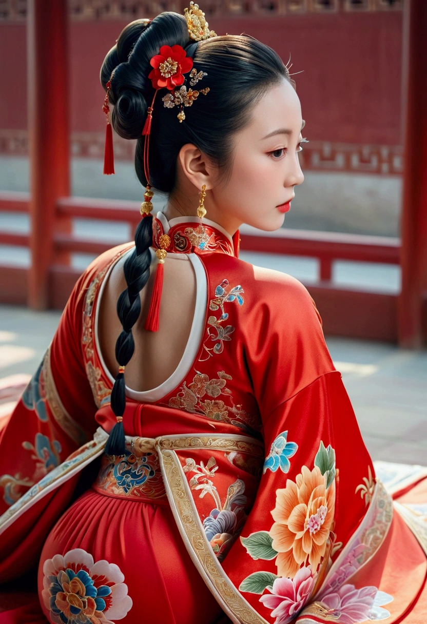 A close-up side view of the buttocks of a Chinese empress. In the background, she is lying down in a Chinese palace during the Qing dynasty, wearing red Hanfu and exposing only her large buttocks. She's wearing underwear, but her protruding butt is floating up.
Her hair is decorated with a large, flashy flower.
The back of the hair is tied up and up.