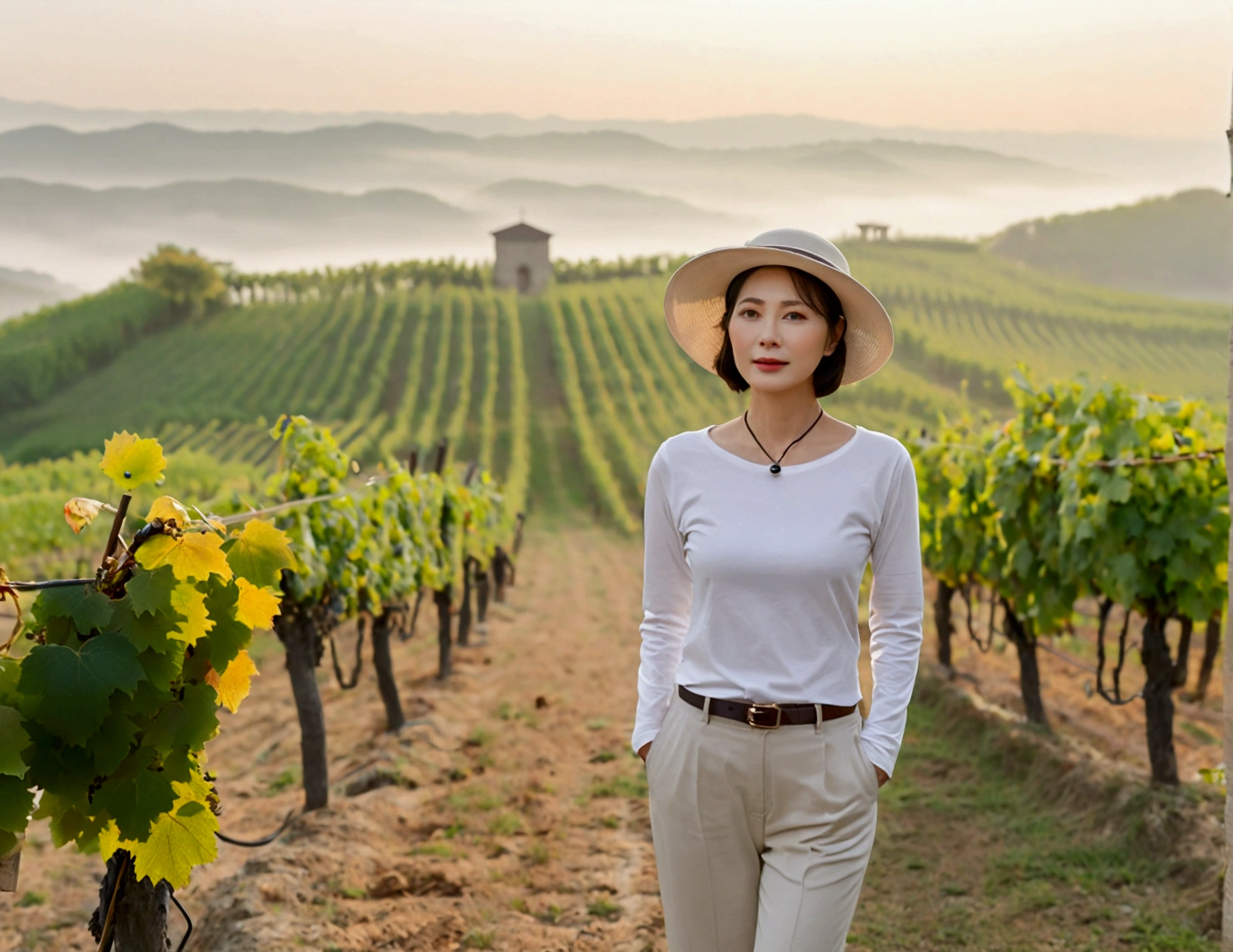 Italy foggy countryside dawn, Endless vineyards, A cathedral can be seen far away in the fog.. Korean woman in her 40s, Wearing a luxury brand white long-sleeved T-shirt, casual pants, Korean woman with beautiful short medium bob hair, Standing on a path on top of a vineyard hill, Beautiful Korean woman with bright and clear skin, The neckline is clean and beautiful.. Korean woman with a graceful and humble expression,Wear a slightly large, high-quality hat with a round rim., standing in the vineyard , small black string necklace, 1 woman