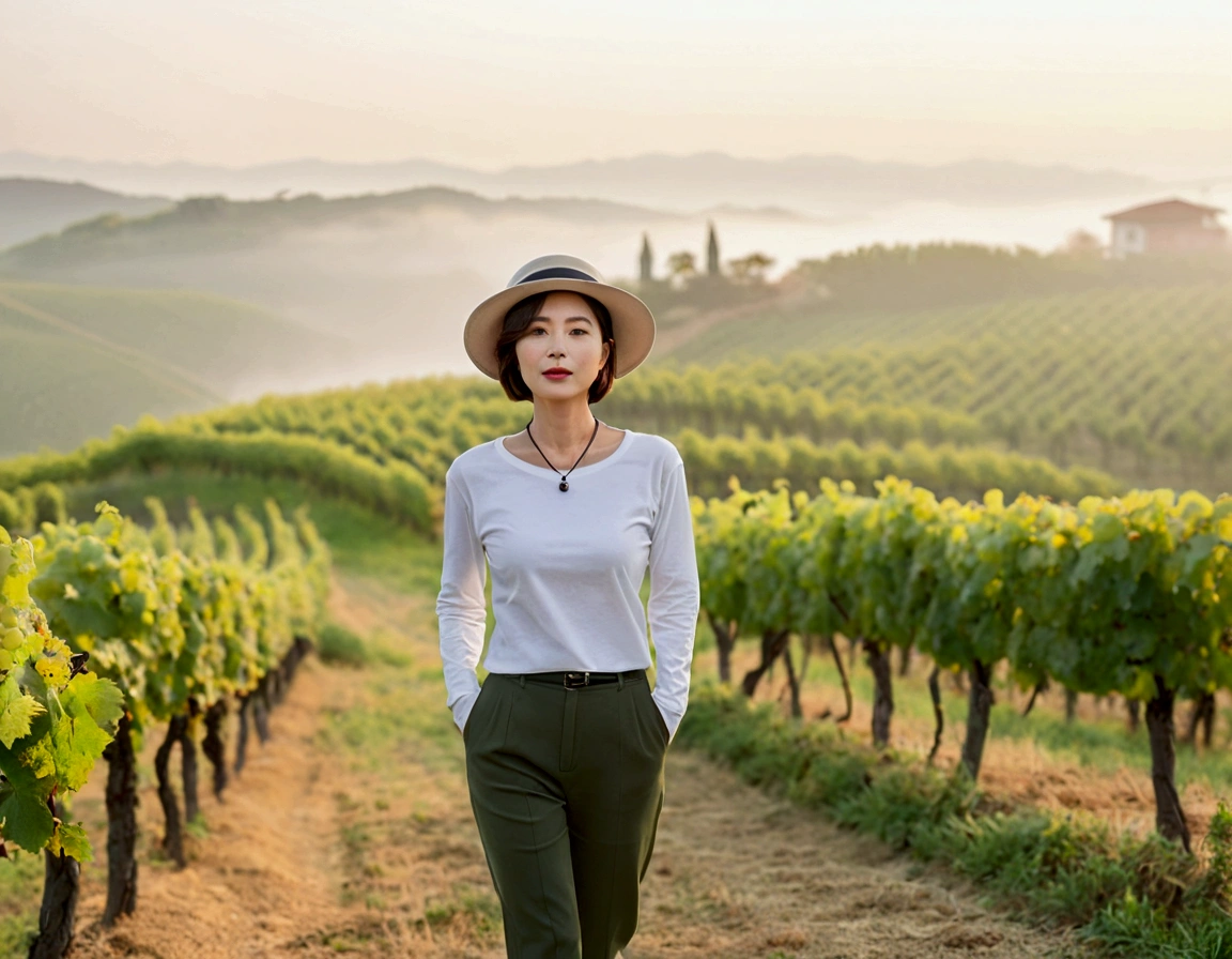 Italy foggy countryside dawn, Endless vineyards, A cathedral can be seen far away in the fog.. Korean woman in her 40s, Wearing a luxury brand white long-sleeved T-shirt, casual pants, Korean woman with beautiful short medium bob hair, Standing on a path on top of a vineyard hill, Beautiful Korean woman with bright and clear skin, The neckline is clean and beautiful.. Korean woman with a graceful and humble expression,Wear a slightly large, high-quality hat with a round rim., standing in the vineyard ,  small black string necklace, 1 woman