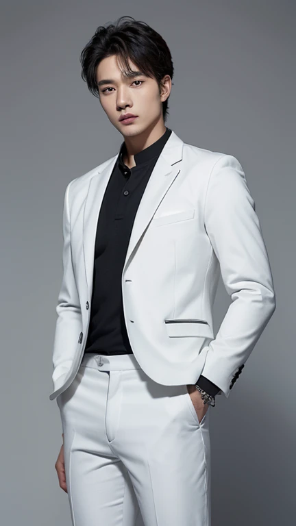 solo , 1man , thai man , white jacket , grey shirt with collar , black Long pants , happy