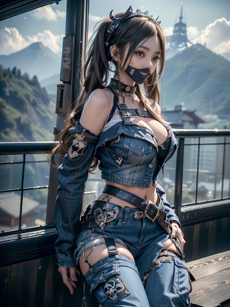 (Beautiful lips and nose:1.4)、(Long eyelashes:1.4)、(Smiling with teeth showing:1.3),(Shibuya Gal:1.5)、(Gothic ta delicately decorated dress:1.5)、(Tattered denim and black punk rock cargo pants:1.5)、(Denim and black navy skull mark small jacket:1.4)、(denim garter belt:1.5)、(Black and denim knee socks:1.3)、(Skull Silver Accessories:1.5)、(Denim collar:1.3)、(Brown Skin Belt:1.4)、(Brown boots:1.2)、(The underwear is striped:1.4)、31 years old、((Highest quality、In 8K、masterpiece:1.3))、Sharp focus:1.2、(Layered Cut、Huge boobs:1.1),Beautiful woman with perfect figure:1.4、(Dancing vigorously:1.3)、Slender Abs:1.2、Highly detailed face and skin texture、Detailed eyes、double eyelid,(Twin tails:1.3)、(Brown-golden hair:1.3)、Gravure idol、(The background is a vast mountain with a clear view々Beautiful luxury resort destination in Europe:1.3)、(Slim Body:1.2),(Make your legs thinner:1.4),(clavicle:1.1)