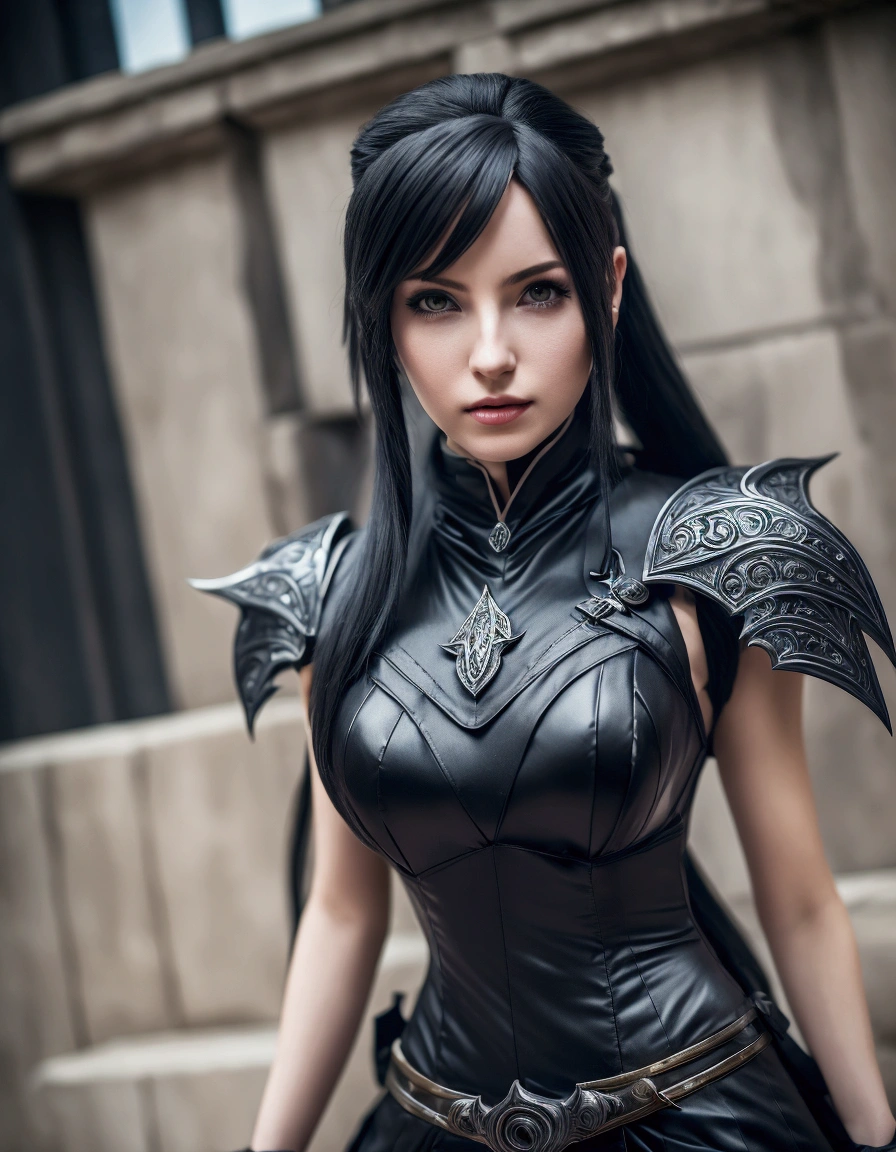 A woman in black clothes posing for a photograph, anime girl Cosplay, Cosplay photo, anime Cosplay, Cosplay, Ninja Gaiden Girl Portrait, full-Cosplay, Wearing technical clothing and armour, beautiful female assassin, professional Cosplay, 8K Art Germany Bokeh, Captivating portrait of Tifa Lockhart, Irelia from League of Legends, ornate Cosplay
