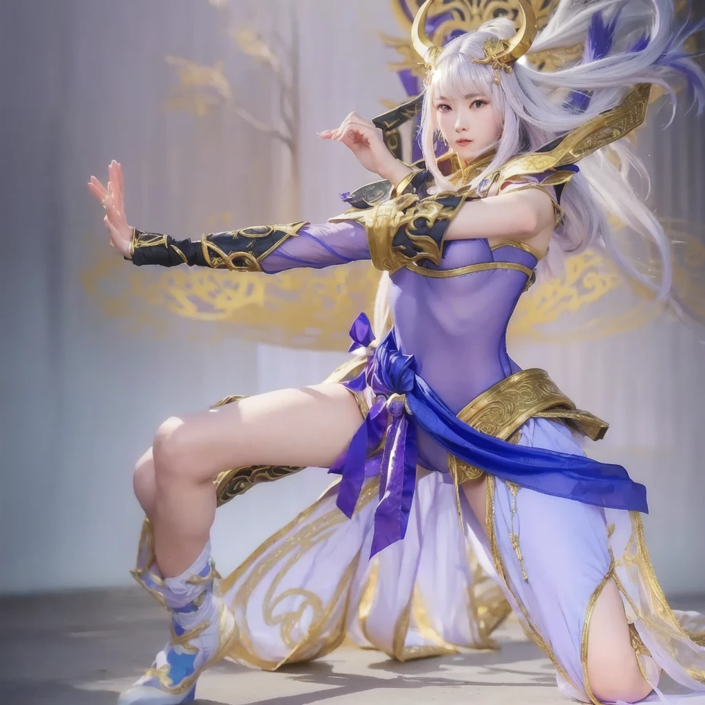 purple-dressed woman, spellcasting pose, full body xianxia, ​​zodiac knight girl, kda, inspired by Ju Lian, fighting pose, inspired by Li Kan, fighter pose, fighting pose, zodiac girl knight portrait, fighting game character, chun li