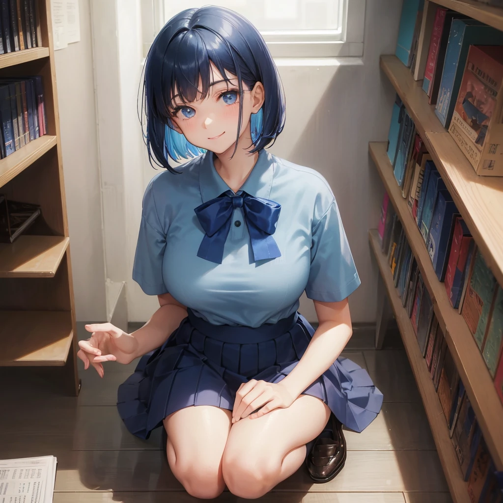 1. High school girl　17-year-old female　Bobcut　dark blue hair color　High School Uniform　Light blue Y-shirt　Short sleeve　Blue Ribbon　dark blue hair color　Slim figure　Large Breasts　Full body portrait　School library　Smiling Kindly　Laugh a little　library　Hand Signs　squat　Kneel　Look up here　