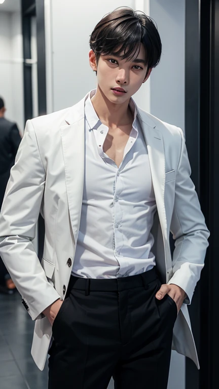 solo , 1man , thai man , white jacket , grey shirt with collar , black Long pants , happy