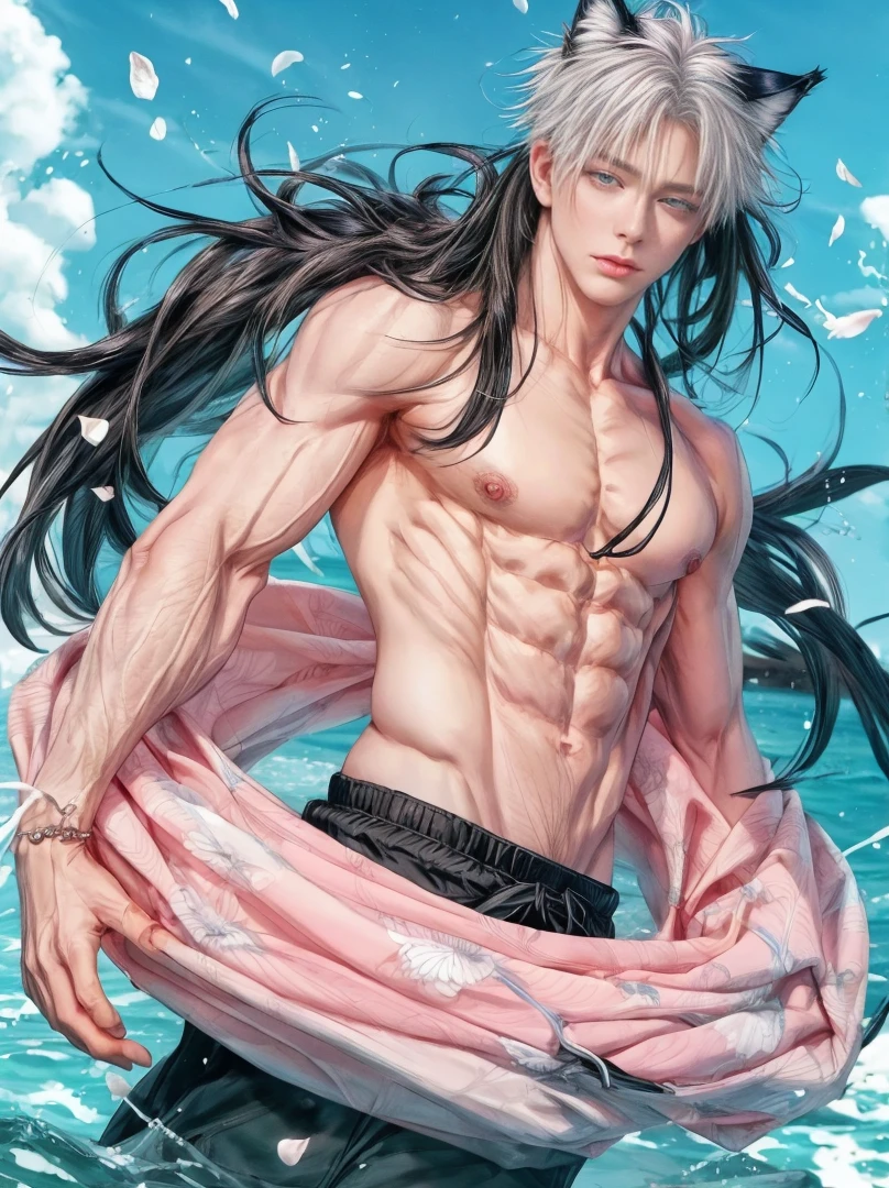1 male, high resolution 8k, adult, handsome, perfect face detail, detailed eyes and face, clean shaved, sixpack realistic, white eyebrow hair, white eyelashes, dynamic lighting, unreal engine, hd picture, satoru gojo, Jujutsu kaisen, white hair, short hair ,hair between eyes ,blue eyes, white skin, round buoy, water details, wolf ears