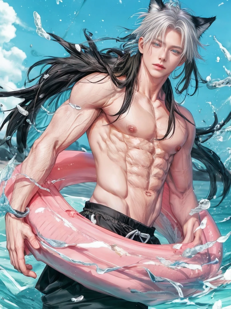 1 male, high resolution 8k, adult, handsome, perfect face detail, detailed eyes and face, clean shaved, sixpack realistic, white eyebrow hair, white eyelashes, dynamic lighting, unreal engine, hd picture, satoru gojo, Jujutsu kaisen, white hair, short hair ,hair between eyes ,blue eyes, white skin, round buoy, water details, wolf ears