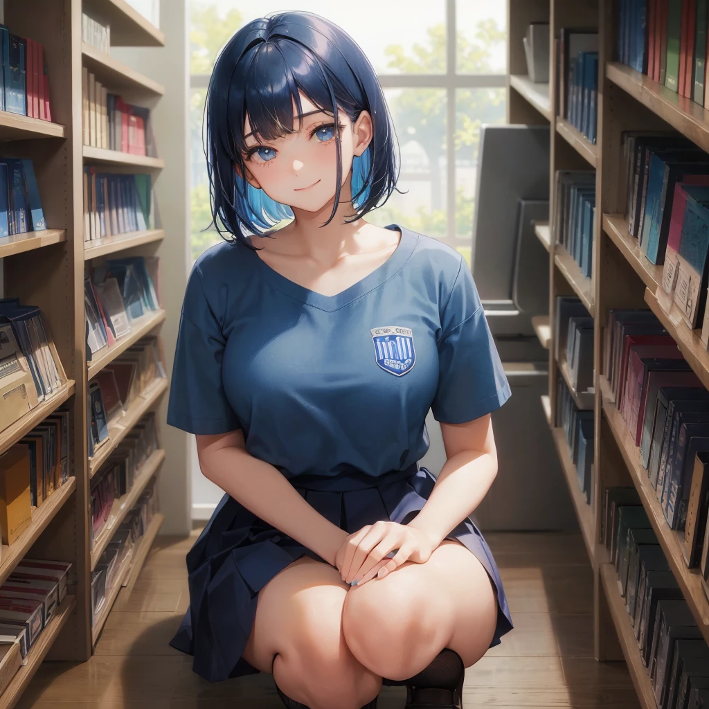 1. High school girl 17-year-old female Bobcut dark blue hair color High School Uniform Light blue Y-shirt Short sleeve Blue Ribbon dark blue hair color Slim figure Large Breasts Full body portrait School library Smiling Kindly Laugh a little library Hand Signs squat Kneel Look up here