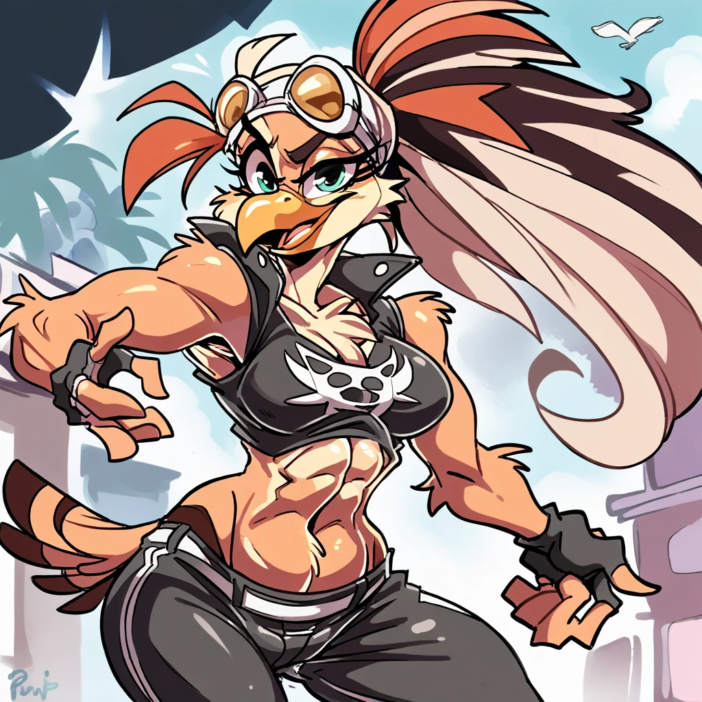 Original character,oc,a muscular, buff trans woman wearing black underwear with a prominent breast,, in an 2000's punk fashion style. She’s a mobian with avian/bird-like features, including feathers, and a sensual , horny expression. The scene has a sexy,urban street, cool,jet set radio style and a vibrant tone.