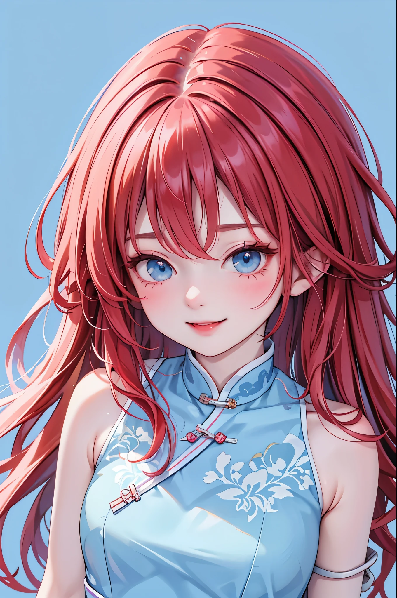 high resolution,smile,woman,woman1人,adult,cute, Medium Hair,wavy hair, Red Hair,Light blue eyes, Short sleeve cheongsam,whole body,Facing forward,BREAK,Background white,