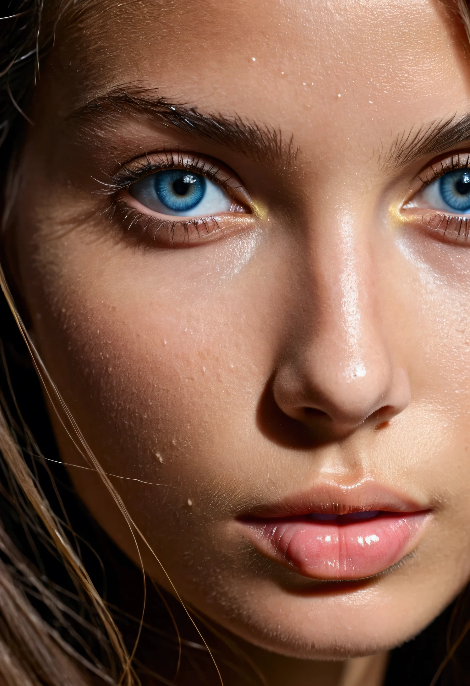 Closeup of gorgeous slim young girls eyes, closeup of face, detailed defined eyes, long hair, Mix of Swedish and Venezuelan origins, gorgeous face, super detailed wet face, extremely detailed clear blue eyes, slim seductive lips, unique detailed face, detailed face, slim sweating model body, very slim sweaty model, strong facial bones, unique gorgeous face, detailed facial pores,