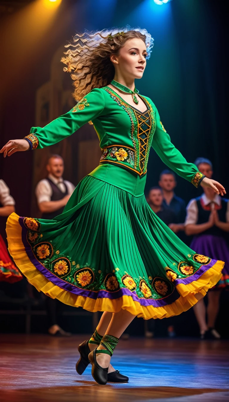 Full body shot, a lively irish dancer performing an energetic traditional irish dance routine, highly detailed, intricate footwork, dynamic movement, colorful traditional irish costume, flowing dress, tapping feet, vibrant facial expressions, swirling hair, stage lights, blurred motion background, (best quality,8k,highres,masterpiece:1.2),ultra-detailed,(realistic,photorealistic,photo-realistic:1.37),vibrant colors,dramatic lighting,cinematic composition