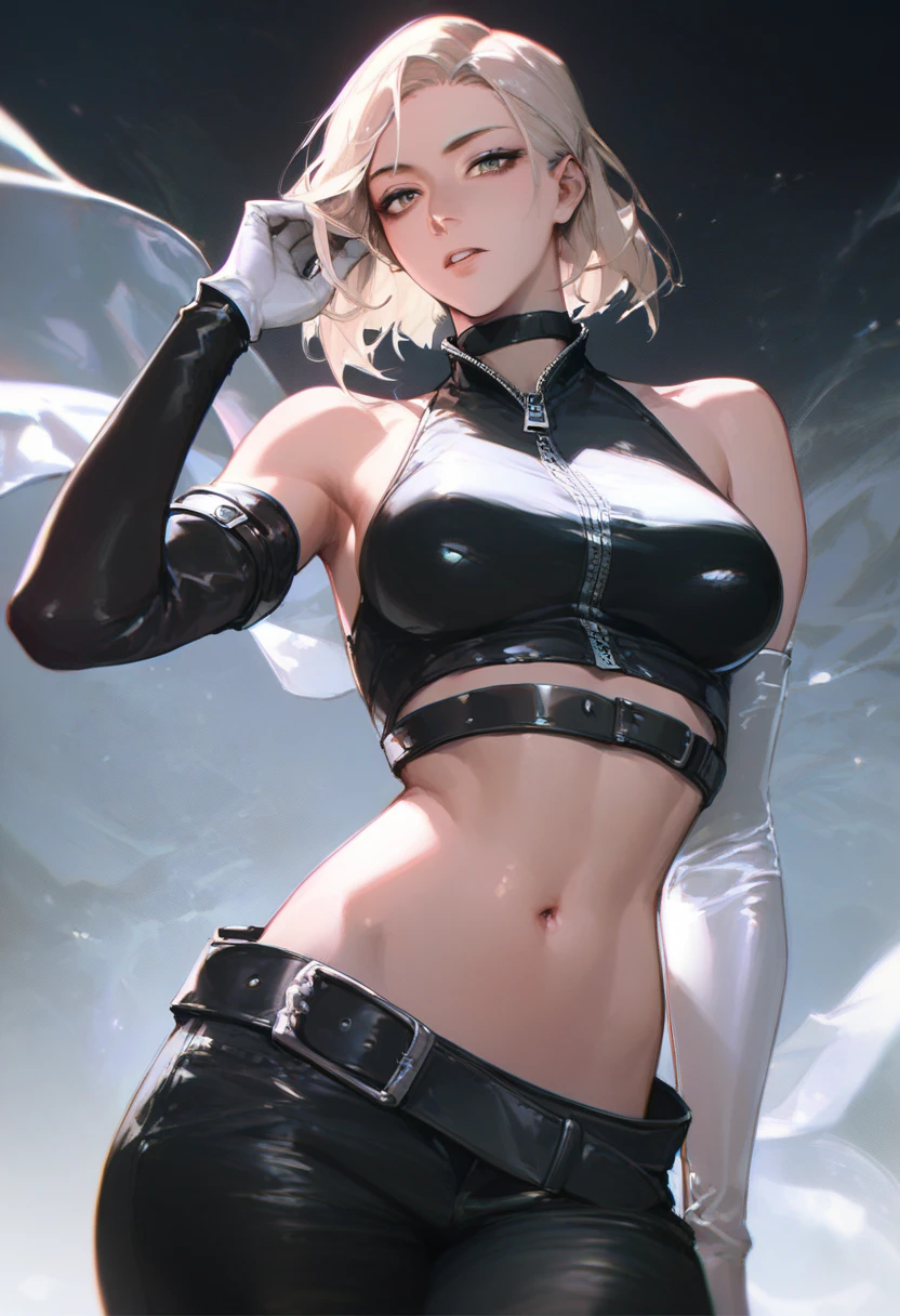 score_9, score_8, score_8_up, gracehd-ponyxl, 1girl, bare shoulders, black choker, black gloves, white gloves, black pants, black t-short, elbow gloves, looking at viewer, medium breasts, midriff, navel, parted lips, white gloves, zipper, belt