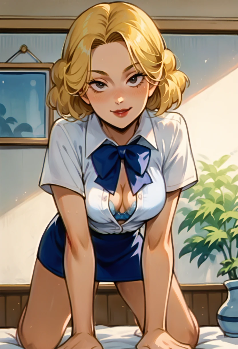 score_9, score_8_up, score_7_up, alice mitchell, blonde hair, white blouse with a blue ribbon, blue skirt, looking at viewer, smile, on fours, upskirt, front view, panties, seductive look at viewer, open blouse, lace blue bra, medium breasts, 