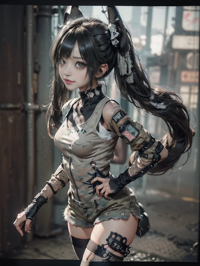 (Full Body View:1.2)、(Side view:1.1)、(Please smile with your teeth showing:1.4),(Shibuya Gal:1.5)、(Gothic Lolita style fashion:1.5)、(Tattered khaki and gray futuristic micro high leg bodysuit:1.5)、(Tattered Khakis and White Micro Fancy Sleeves:1.5)、(Tattered khaki micro shorts:1.5)、(Brown and khaki knee socks:1.3)、(camouflage:1.3)、(Military jacket:1.4)、Brown boots、Khaki gloves、internal、(The underwear is striped:1.4)、23 years old、(Doing a ballerina pose:1.3)、((Highest quality、8k、masterpiece:1.3))、One girl、The beauty of slim abs:1.3、(Hairstyle Casual、Big Tits:1.1)、dress:1.1、Super small face、Narrow eyes、double eyelid、Laughter、Esbian all over body、Dynamic Angle、Close-up、CPL Filter、Blurred Background、Bokeh、Blue Hour、Detailed face and skin texture、Detailed Eyes,(Twin tails:1.3)、(Black brown hair:1.4)、Gravure idol pose、(The background is the cockpit of a futuristic weapon.:1.3)、(The body is slim:1.2),(Slim legs:1.4),(clavicle:1.1)