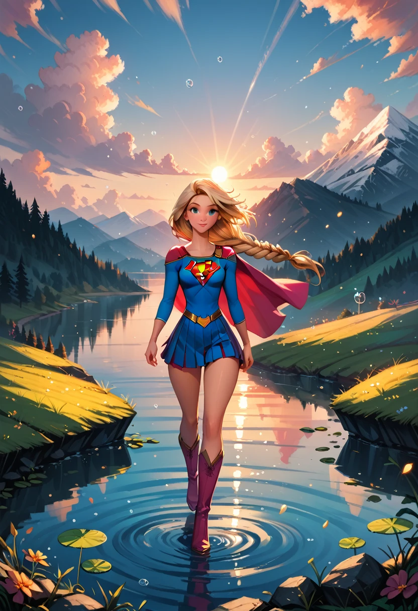 score_9, score_8_up, score_7_up, score_6_up, score_5_up, score_4_up, 1girl, rapunzel (blonde hair, long braid:1.4), wearing (Supergirl suit, short skirt, short cape, boots:1.2), cinematic lighting, floating above picturesque lake, water ripples, background of beautiful mountains, sunset.