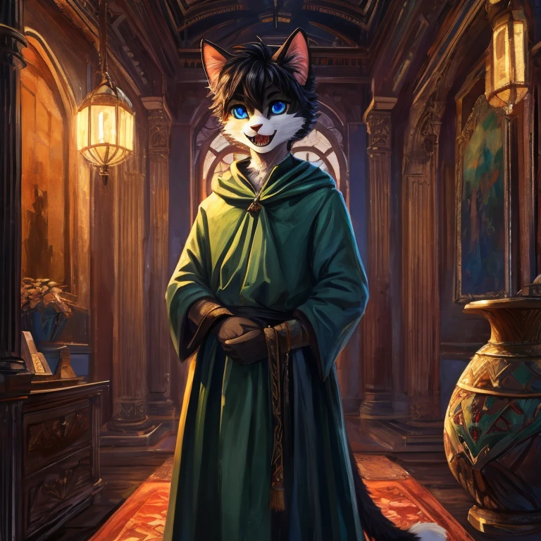 Masterpiece, best quality, high quality (dark environment), abstract res, digital painting, artwork, 1anthro Male cat, Solo, Black fluffy fur on his body, character focus, short hair, has Fluffy cat tail, Blue eyes with brightness, wears Green cloak, portait, in a panoramic view, Interior, in the room, (Detailed background), tack sharp focus, The Furry feeling of Animal Ears, with her mouth open, Sharp teeth are exposed, 1lamp lights, in the Night