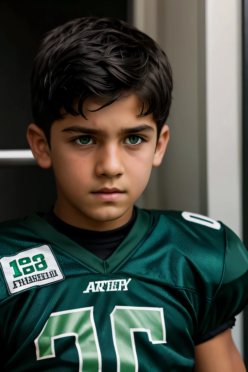 A boy who has dark green eyes and he is is playing for the shamrocks football team, he has black fluffy hair and he's a little tan, he has blood on his head he is shocked and a little scared and there's ambulance and ghost around him cause he's dead but he dont wanna believe it